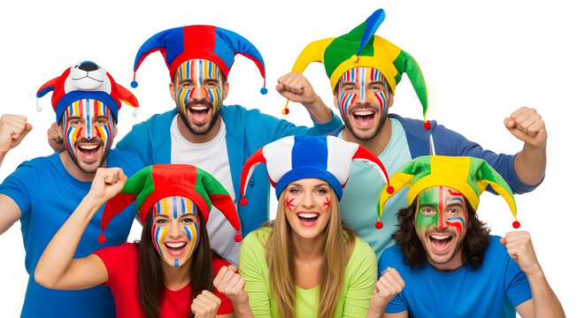 A group of people wearing colorful jester hats and painted faces cheering enthusiastically together
