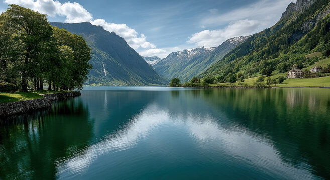 Serene lake mountain landscape lush green trees clear blue sky calm water scenic valley peaceful nature reflection summer day outdoor tranquility