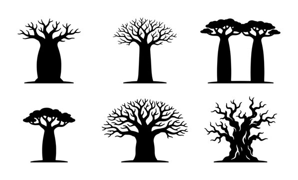African Baobab Tree Silhouettes, Iconic Adansonia Digitata Vector Icons, Desert Landscape Elements, Nature Flora Graphics