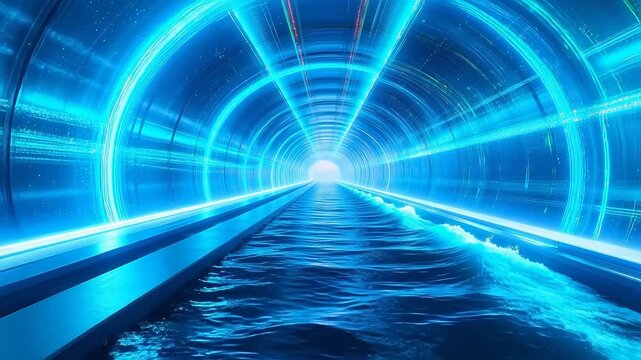 環境の持続可能性と自然の美しさを際立たせる,未来的な光り輝く水路トンネル