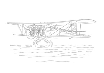Vintage biplane aircraft line art drawing with airplane aircraft aviation propeller © StockSynergy