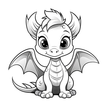 Adorable cartoon baby dragon illustration in black and white, perfect for coloring books, featuring a cute mythical creature with big eyes and small wings.