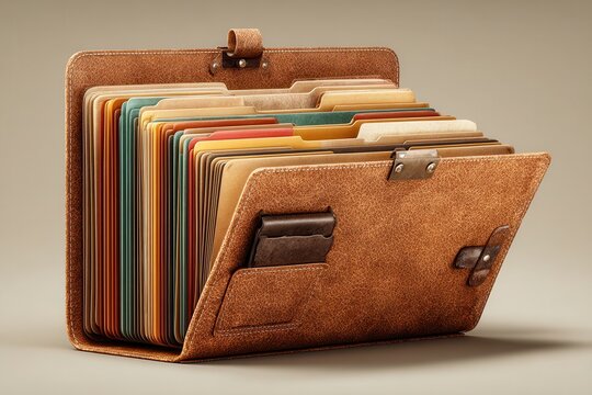 Vintage leather file folder with colorful documents organized