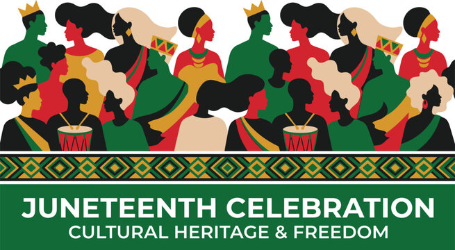Juneteenth celebration graphic features stylized illustrations of people and drums to honor cultural heritage and freedom.