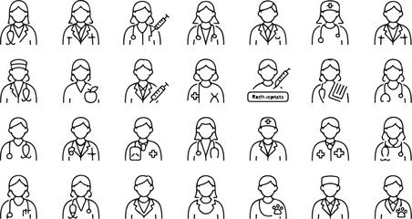 Set of diverse medical and healthcare professionals in various roles and specialties isolated on transparent background