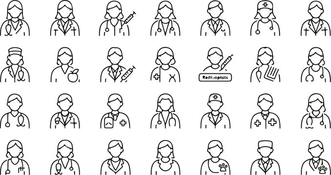 Set of diverse medical and healthcare professionals in various roles and specialties isolated on transparent background