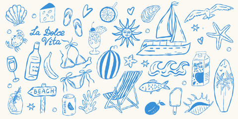 Hand drawn seaside doodles in blue tones. Features beach chairs, shells, surfboards, and tropical drinks. Illustrates vacation vibes with playful, relaxing summer theme. Perfect for travel, tourism. © Idressart