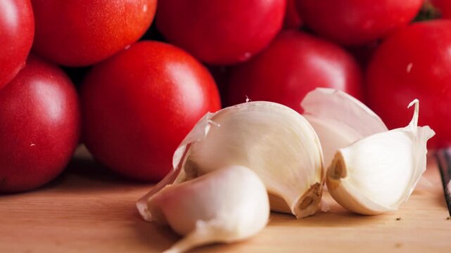 Close-up of fresh red tomatoes and garlic on wooden surface. Healthy cooking ingredients, organic vegetables and homemade food concept. High quality 4k footage
