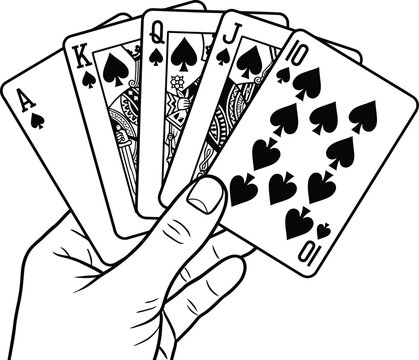 Hand holding royal flush playing cards isolated casino poker illustration