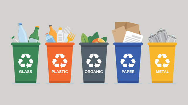 Recycling bins flat design illustration set of five colored waste separation containers glass plastic organic paper metal eco system vector