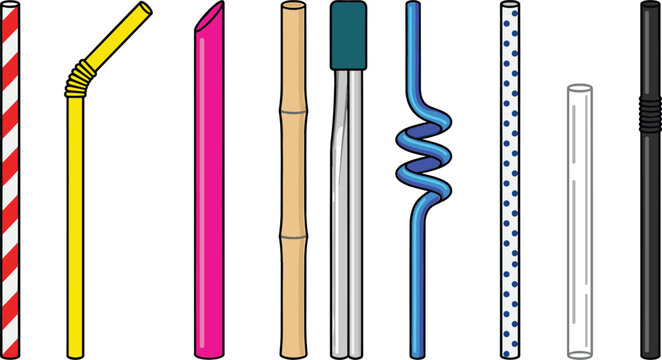 Collection of colorful drinking straw vector illustrations featuring reusable, plastic, paper and spiral beverage straw designs isolated on background