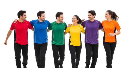 Fototapeta premium A group of friends wearing colorful athletic wear and walking together in a line