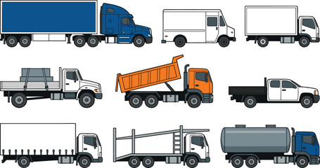 Collection of commercial truck vector illustrations featuring cargo trucks, dump trucks, tanker vehicles and transportation delivery transport designs © Jahangir