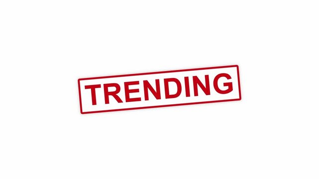 Animated red stamp with the word TRENDING appears on a white background. Smooth motion highlights the text inside a rectangular border, symbolizing current popular or viral topics.