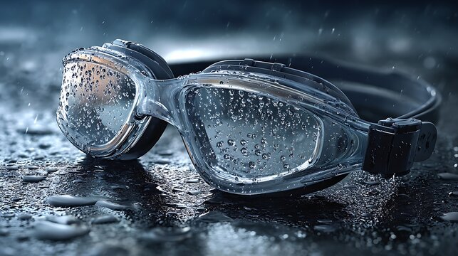 Close-up of clear swimming goggles with water droplets, reflecting light on a dark surface
