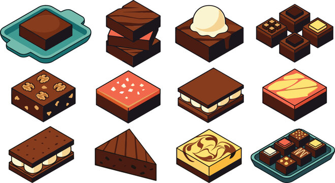 Collection of delicious chocolate dessert vector illustrations featuring brownies, cakes, pastries and assorted sweet bakery treat designs
