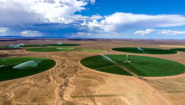 Aerial view of circular center-pivot irrigation fields in arid desert landscape under cloudy sky