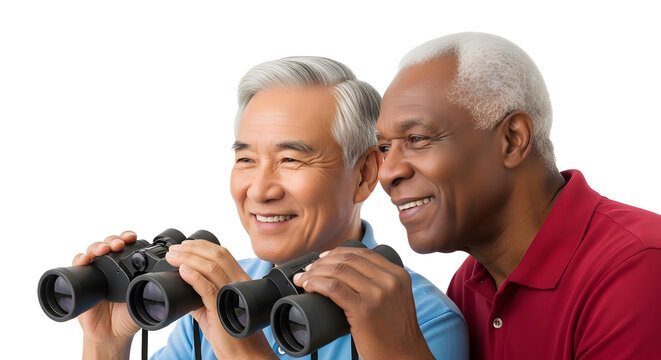 Two senior men smiling and looking through binoculars together
