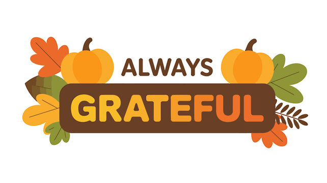 Colorful illustration of pumpkins leaves and grateful text on white background
