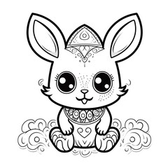 Obraz premium Adorable cartoon rabbit with big eyes and intricate mandala-like patterns, sitting on decorative clouds, black and white line art for coloring.