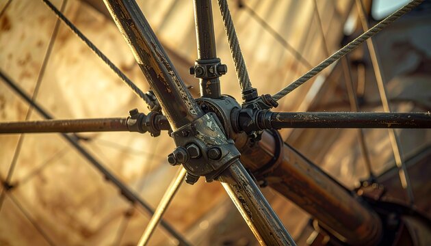 Close-up of vintage biplane wire bracing turnbuckle with swaged terminal on fabric-covered aircraft wing