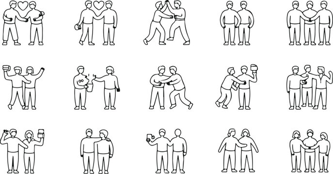 Set of diverse human couple interaction poses and gestures isolated on transparent background