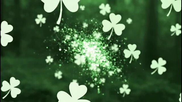 Floating shamrocks with green glowing particles festive background