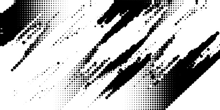 black and white halftone with a pattern of dots (polka dots) of various sizes that form abstract, graduated diagonal lines on a white background