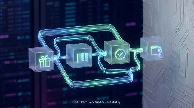 Gift card redeemed successfully icon set in floating cubes on dark blue circuit background.