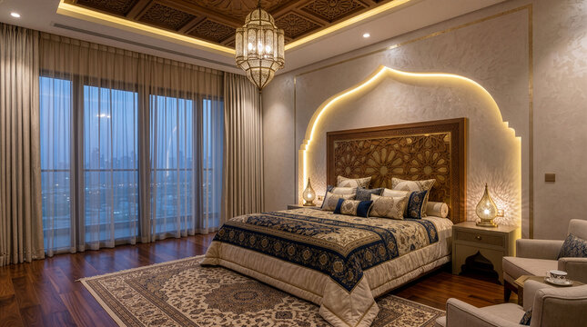 Lujosa habitaci&oacute;n con una ornamentada decoraci&oacute;n de inspiraci&oacute;n marroqu&iacute; y vistas a la ciudad.