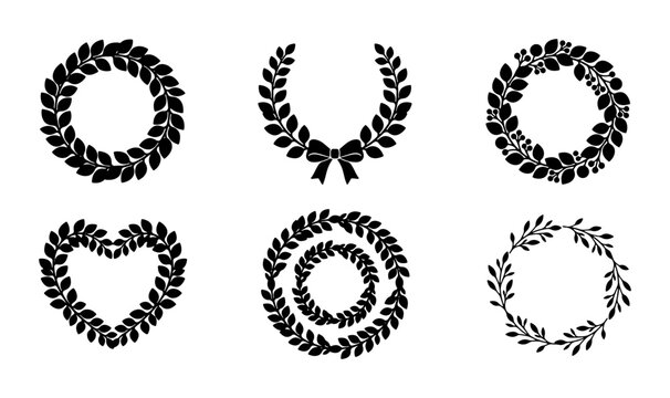 Black Laurel Wreath Vector Icons, Decorative Leaf Circles and Heart Shapes, Elegant Botanical Frames for Awards and Celebrations