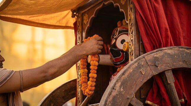 Devotee decorating lord jagannath idol with flower garland on rath yatra festival.