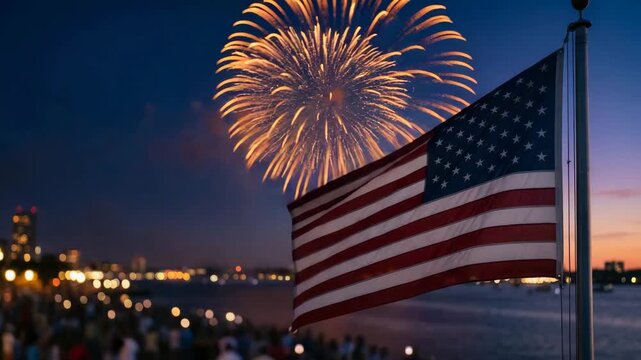 Cinematic American flag with gold fireworks over harbor night, USA celebration, American flag background