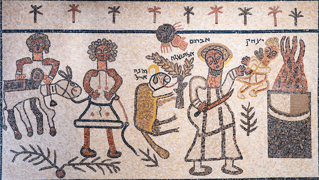 The Binding of Isaac scene on the mosaic floor of the ancient Beit Alfa synagogue &mdash; reproduction.Jerusalem,Israel.