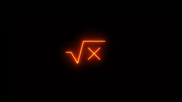 Neon glowing Square root icon video animation. Square root of x axis icon, square root symbol video animation, square root on video black background. Square root of x glyph icon video motion.