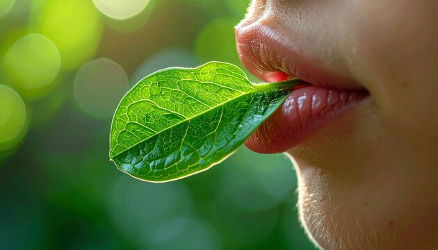 Fresh green wood sorrel leaf being tasted on tongue in macro close-up view