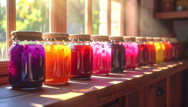 Colorful jars of homemade fruit jam lined on sunny window ledge in warm kitchen light