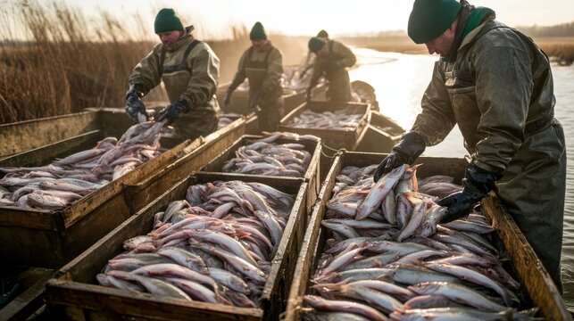 Fishermen unloading freshly caught catfish from wooden boat