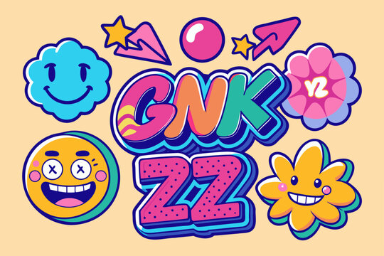 Gen Z pop text and emoji illustration set. Colorful graffiti lettering and stickers vector design element.