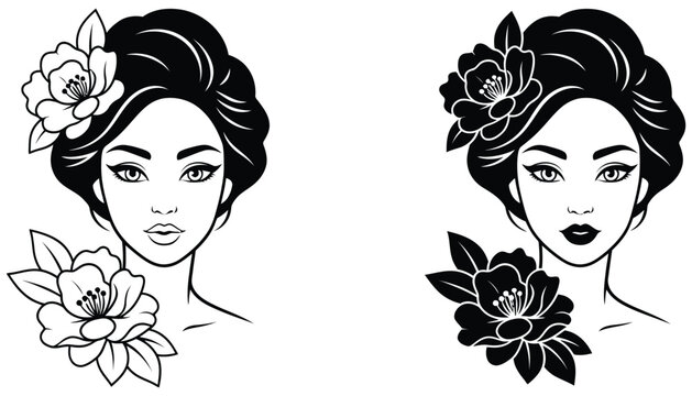 Beautiful geisha face illustration with floral hair accessory in black and white line art and silhouette styles for spa and beauty salon branding