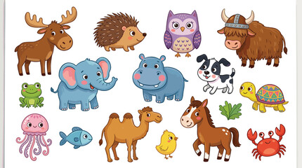 Cute cartoon animals vector collection featuring smiling characters including elephant horse camel owl hedgehog moose hippo puppy and marine life for nursery design © MdGohurul