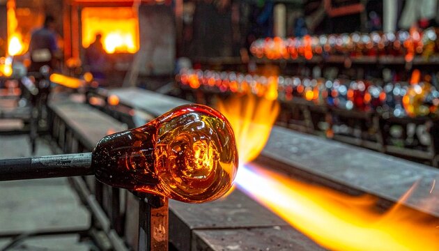 Molten glass being shaped on blow pipe in glassblowing workshop with fiery glow