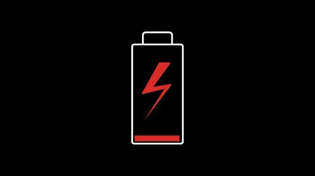 Looping alpha channel empty battery sign symbol, battery capacity level illustration. Electric car charge, phone charging recharging status 4k animation to use for technology, cellphone. 
