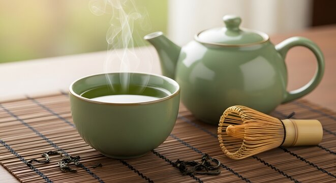 A serene still life of a steaming green tea cup and teapot on a bamboo mat