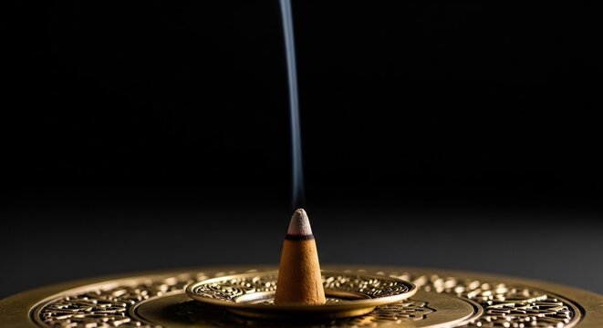 Close-up of a lit incense cone emitting smoke on a decorative brass holder.