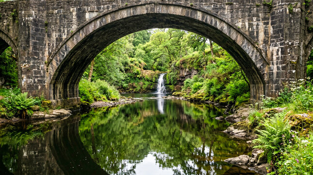 Bajo los arcos de piedra de un puente antiguo, reflejos en el agua tranquila con vegetaci&oacute;n verde y un peque&ntilde;o salto de agua al fondo.