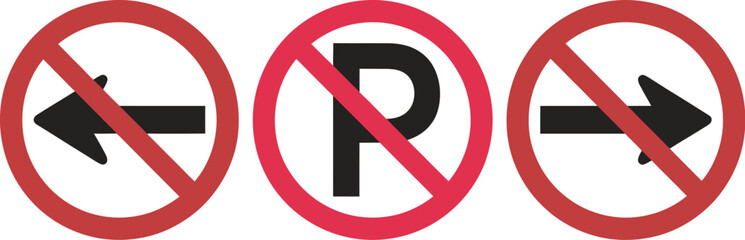 Traffic prohibition signs set, no parking and no turn road symbols vector isolated minimalist warning design collection © Laila