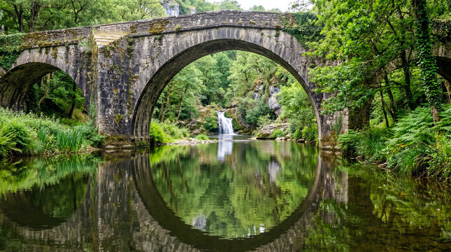 Bajo los arcos de piedra de un puente antiguo, reflejos en el agua tranquila con vegetaci&oacute;n verde y un peque&ntilde;o salto de agua al fondo.