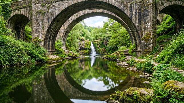 Bajo los arcos de piedra de un puente antiguo, reflejos en el agua tranquila con vegetaci&oacute;n verde y un peque&ntilde;o salto de agua al fondo.