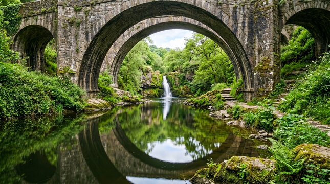 Bajo los arcos de piedra de un puente antiguo, reflejos en el agua tranquila con vegetaci&oacute;n verde y un peque&ntilde;o salto de agua al fondo.